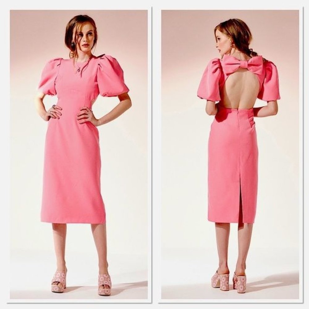 RAISSA Exaggerated Puff Sleeve Open back Bow detail Midi Dress in Pink XS NWT